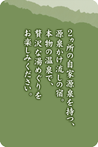 2ヵ所の自家源泉を持つ、源泉かけ流しの宿。本物の温泉で、贅沢な湯めぐりをお楽しみください。